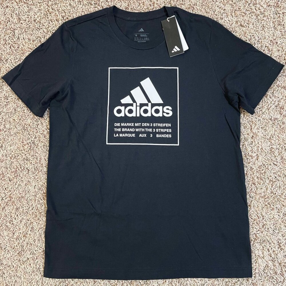 Adidas Men’s Logo Box Emblem Short Sleeve Tee T-Shirt Black, Size M (New)